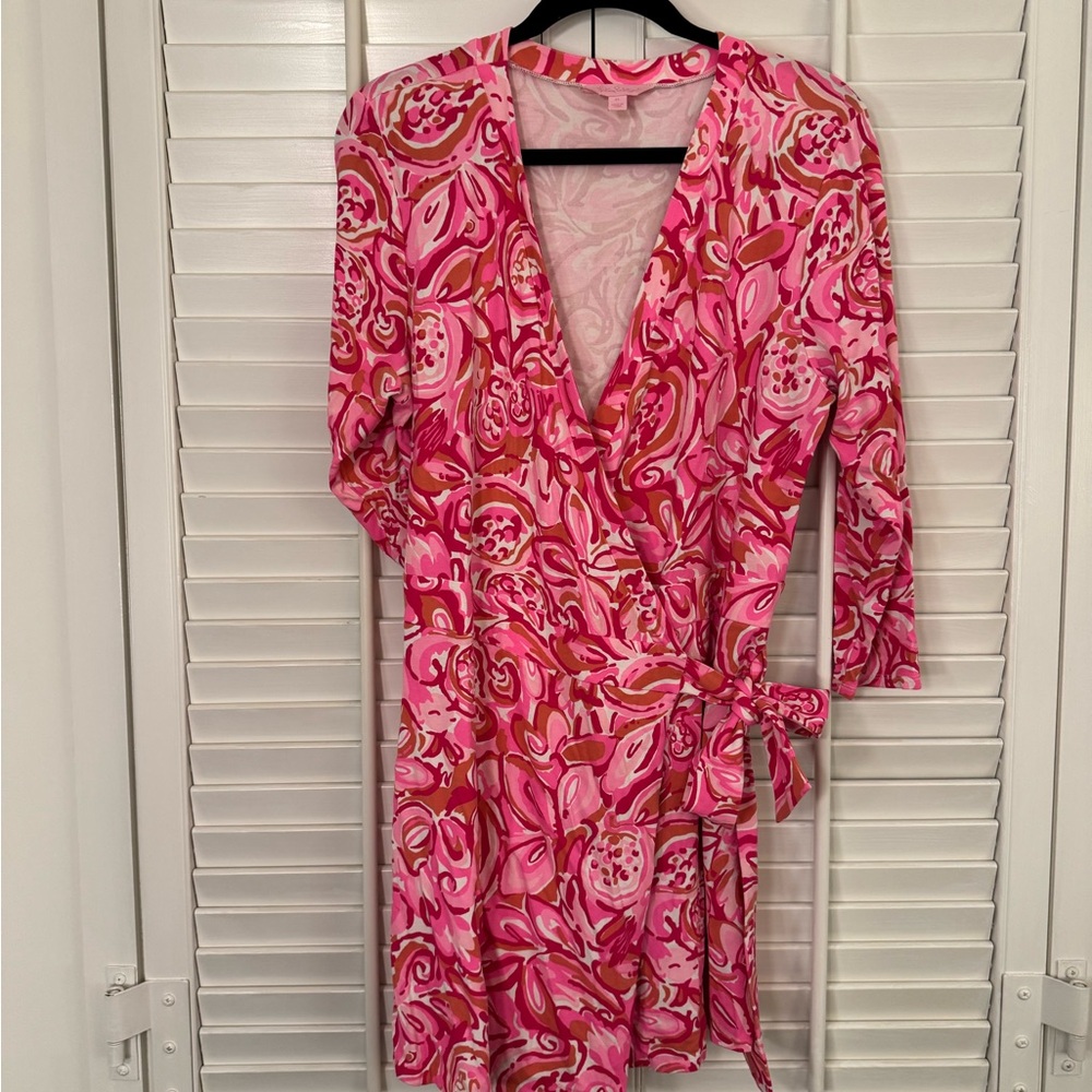 Lilly Pulitzer Karlie Wrap Romper in Mango Salsa size XL